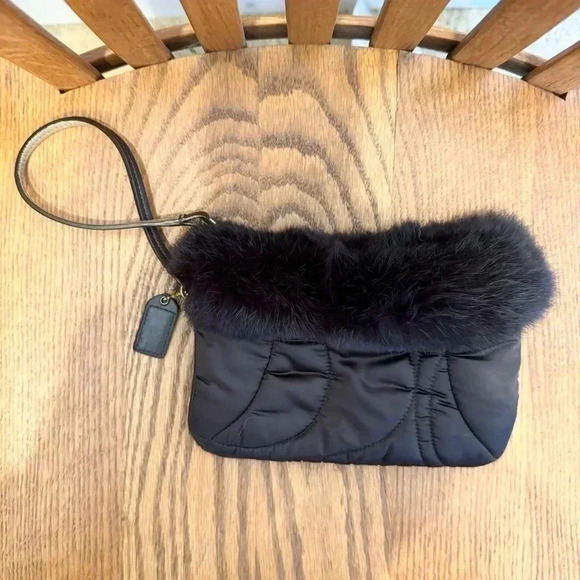 Coach Soho Ski, Satin, Wristlet With Rabbit Fur,  Brown, 7” W X 5” H - Picture 2 of 7